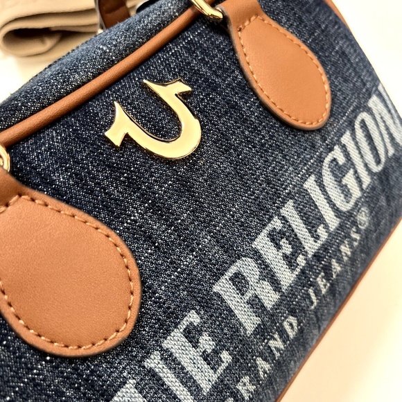 NWT Original TRUE RELIGION Denim Logo Mini Satchel Crossbody Bag Blue Brown - Picture 5 of 12